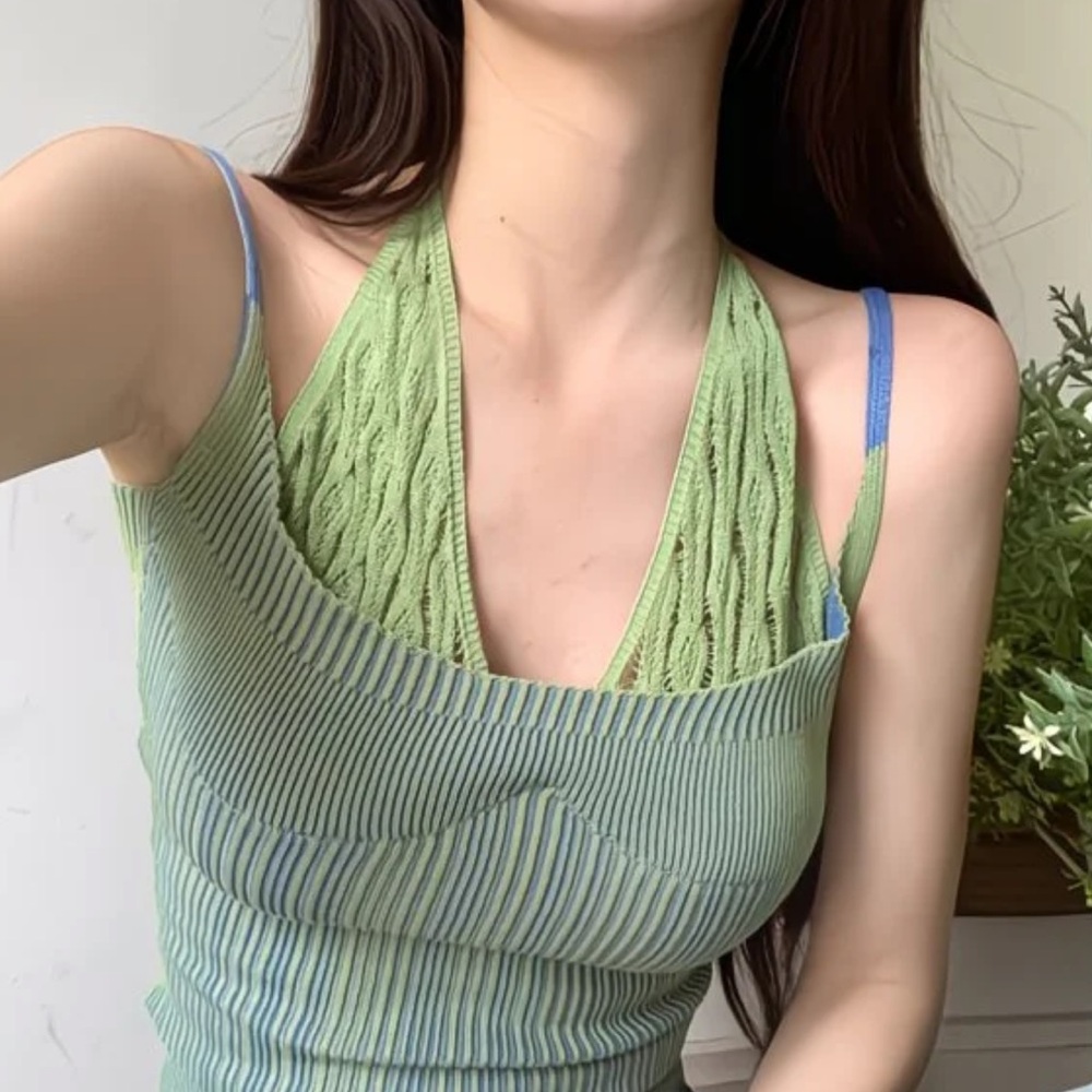 Green and Blue Striped Halter Top